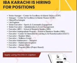 IBA Karachi is hiring for multiple faculty and administrative positions including Senior Manager, Clinical Psychologist, Lab Engineer, Executive roles, and more. Apply online before August 28, 2025