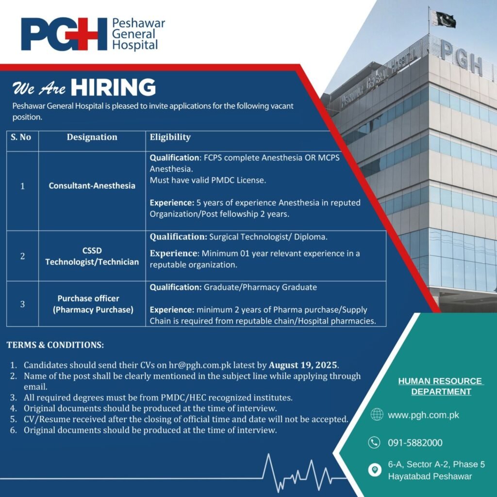 Peshawar General Hospital Jobs 2025 – Consultant Anesthesia, CSSD Technician & Pharmacy Purchase Officer
