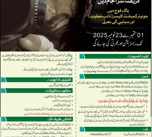 Pak Army Jobs 2025 advertisement for Junior Commissioned Officer (Naib Khateeb) and Sipahi recruitment with eligibility, age, height, and application process details.