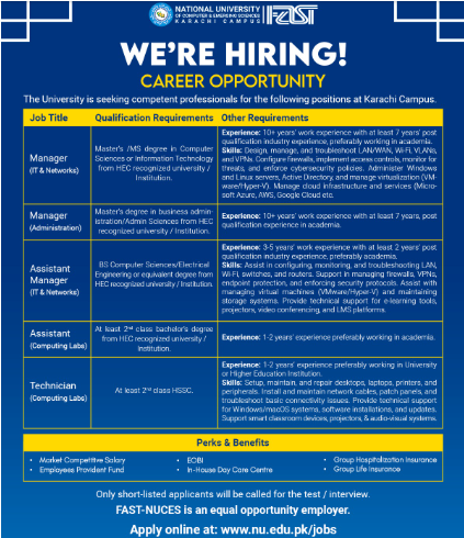 FAST-NUCES Karachi Jobs 2025 | Latest University Teaching & IT Staff Vacancies
