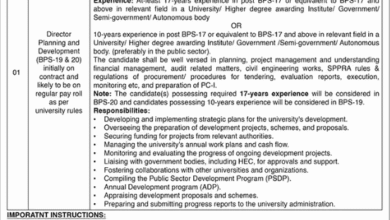 The University of Mirpurkhas is hiring Director Planning and Development (BPS-19 & 20). Apply before September 10, 2025.