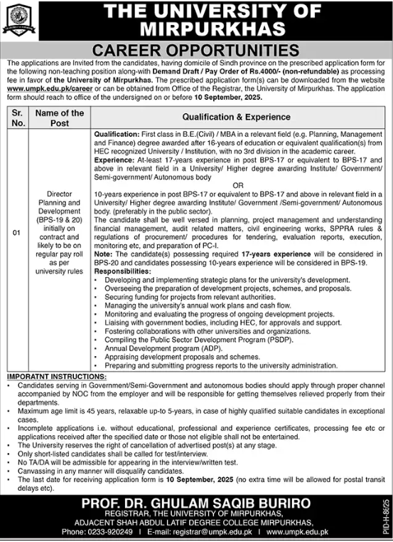 The University of Mirpurkhas is hiring Director Planning and Development (BPS-19 & 20). Apply before September 10, 2025.