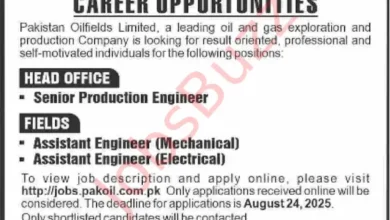 Apply online for Pakistan Oilfields Limited (POL) Jobs 2025. Vacancies for Senior Production Engineer, Assistant Engineer (Mechanical) & Assistant Engineer (Electrical). Deadline August 24, 2025.