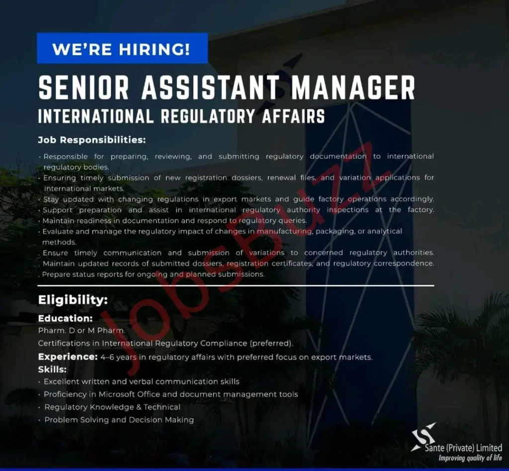 Sante Jobs 2025 – Senior Assistant Manager Regulatory Affairs