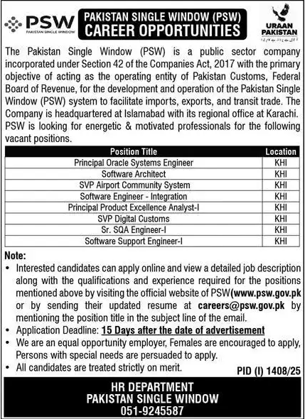 Pakistan Single Window (PSW) – Career Opportunities 2025
